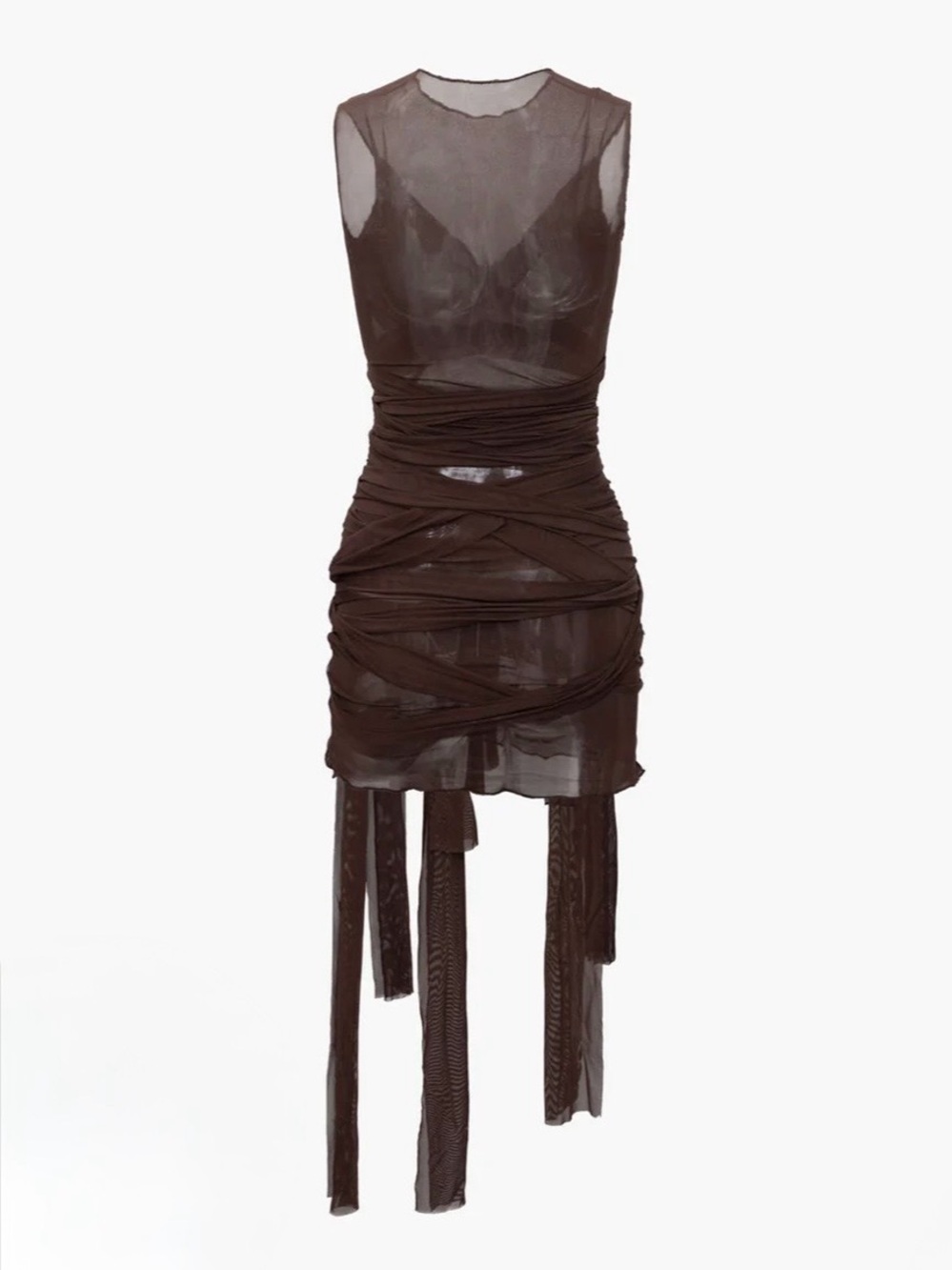 Micas Sheer Mesh Wrap Tie Ribbon Mini Dress Brown M 19.3.T1